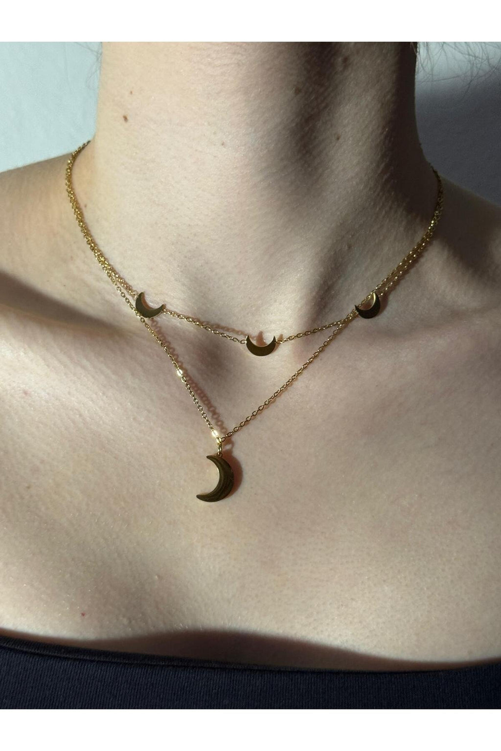 Ay Tutulması Gold Ay Detaylı Taşlı Çelik Kadın Kolye