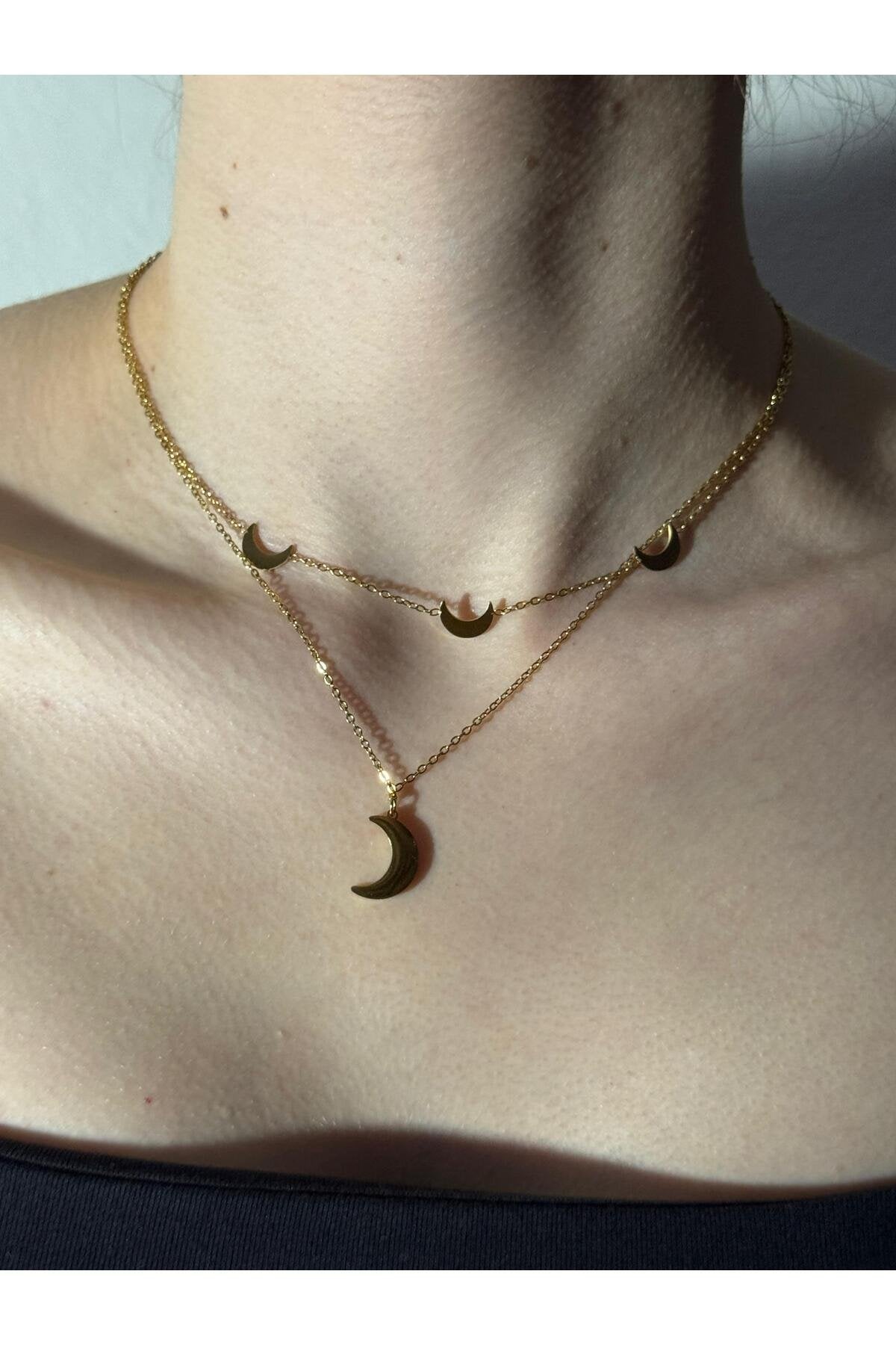 Ay Tutulması Gold Ay Detaylı Taşlı Çelik Kadın Kolye