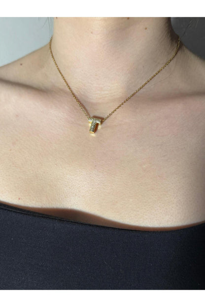 Gold Kaplama Zirkon Taşlı Harfli Kolye