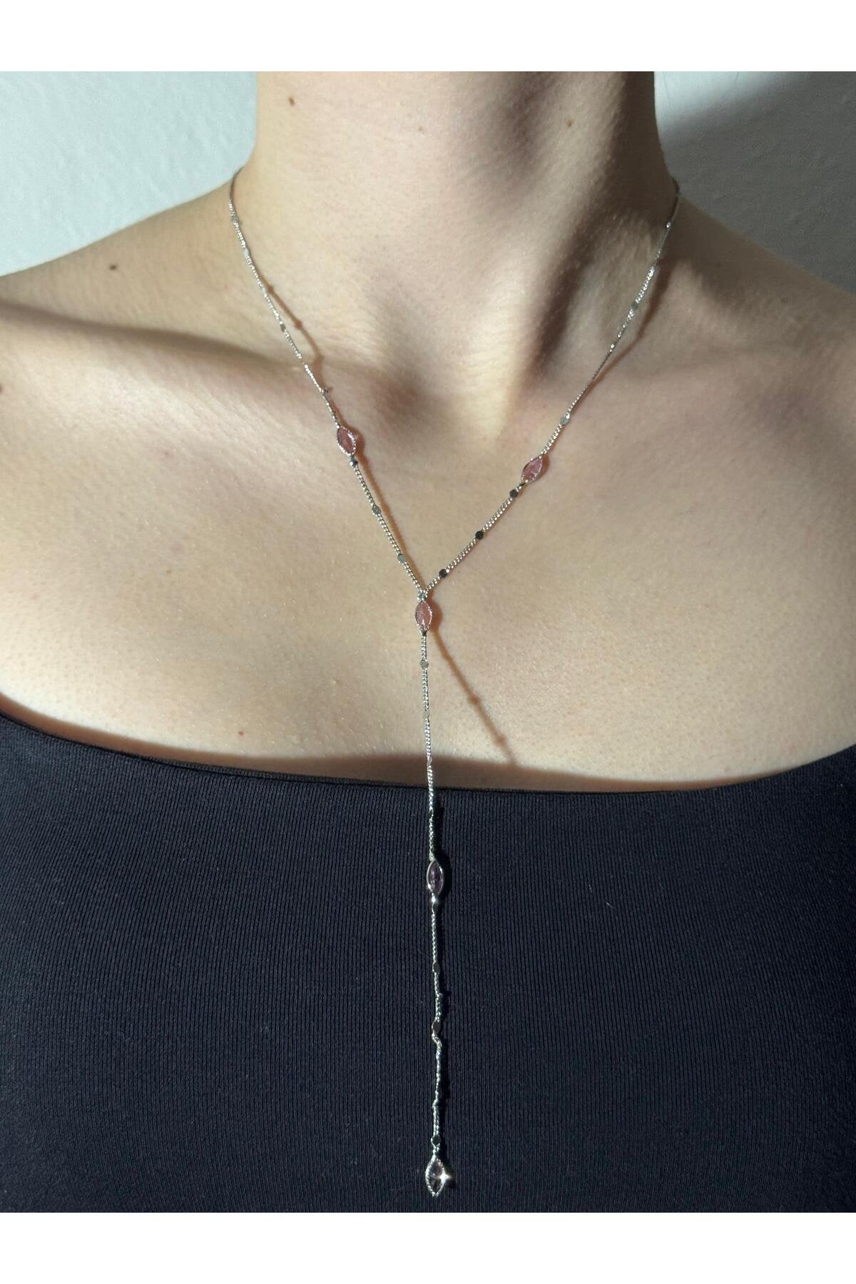 Pembe Zirkon Taş Detaylı Gümüş Kaplama Çelik Y Kolye