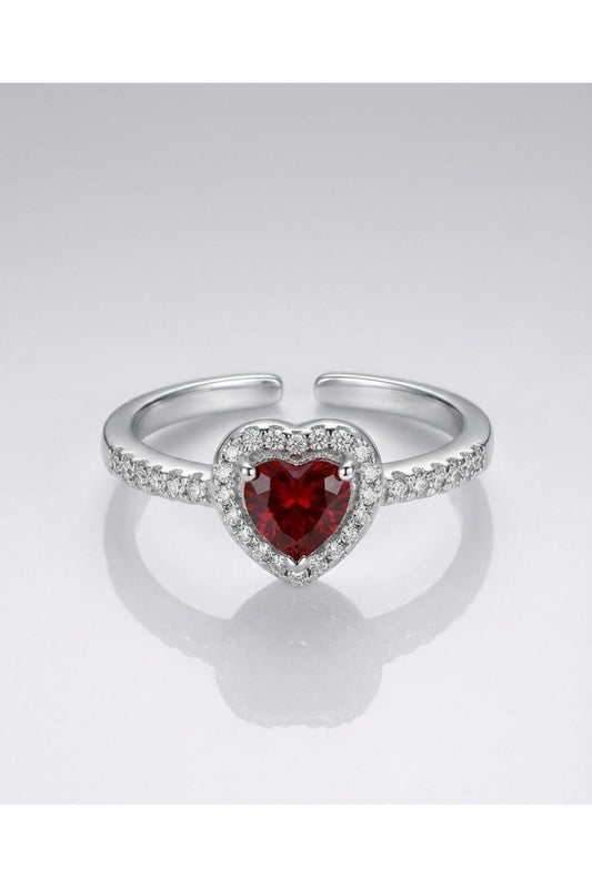 Kırmızı Zirkon Taşlı Kalpli Yüzük Ayarlanabilir - Gümüş Kaplama