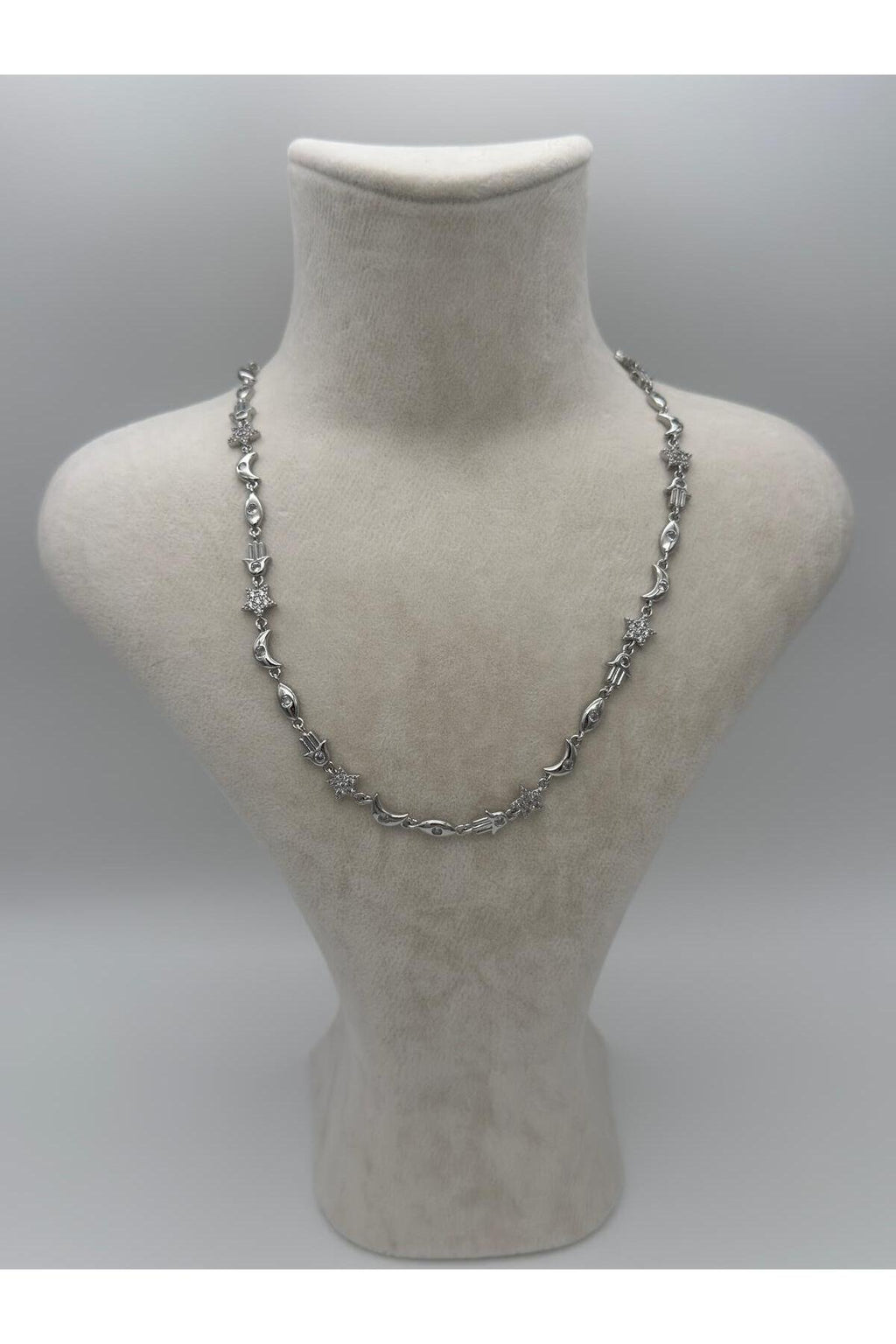 Şans Buluşması Yıldız Meryem Ana Eli ve Ay Detaylı Manifest Gümüş Kaplama Çelik Kolye