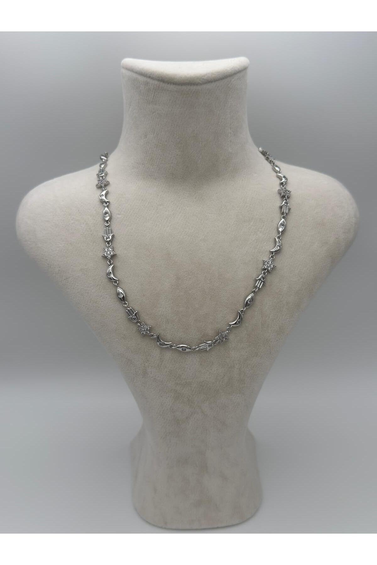 Şans Buluşması Yıldız Meryem Ana Eli ve Ay Detaylı Manifest Gümüş Kaplama Çelik Kolye