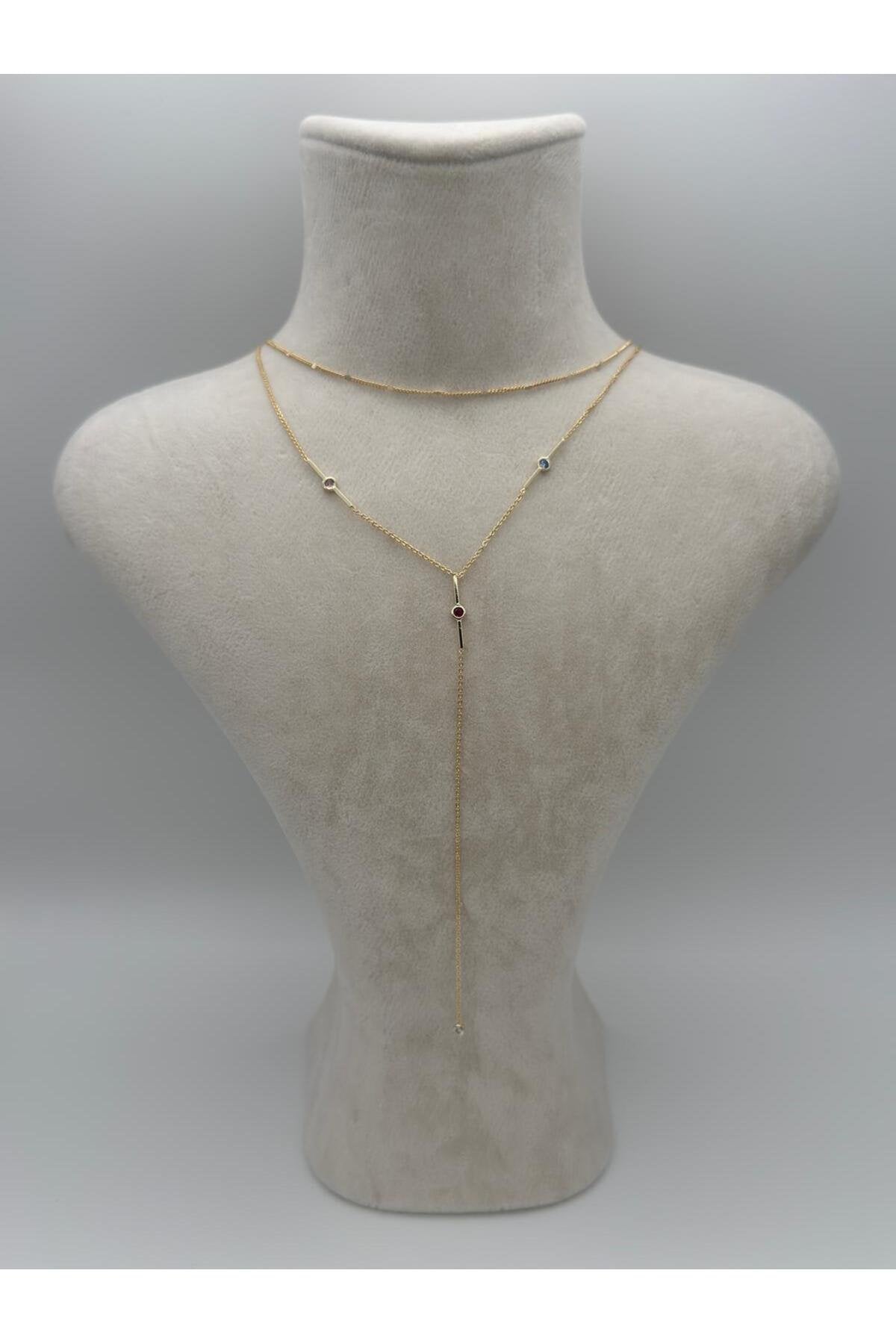 Bordo Zirkon Taşlı Gold Kaplama Çelik Y Kolye