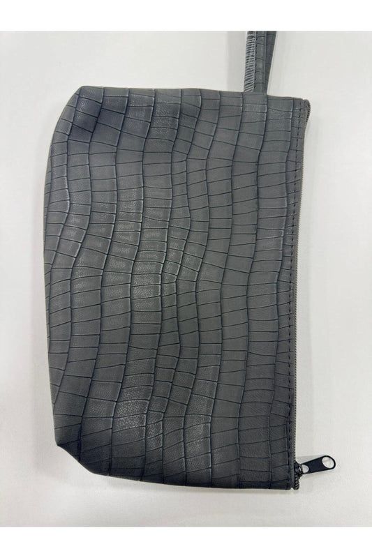 Siyah Timsah Derisi Desenli Suni Deri Makyaj Çantası