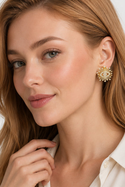 Sirena VIP Serisi-Evil Eye Radiance Gold Kaplama Paslanmaz Çelik Zirkon Taşlı Küpe
